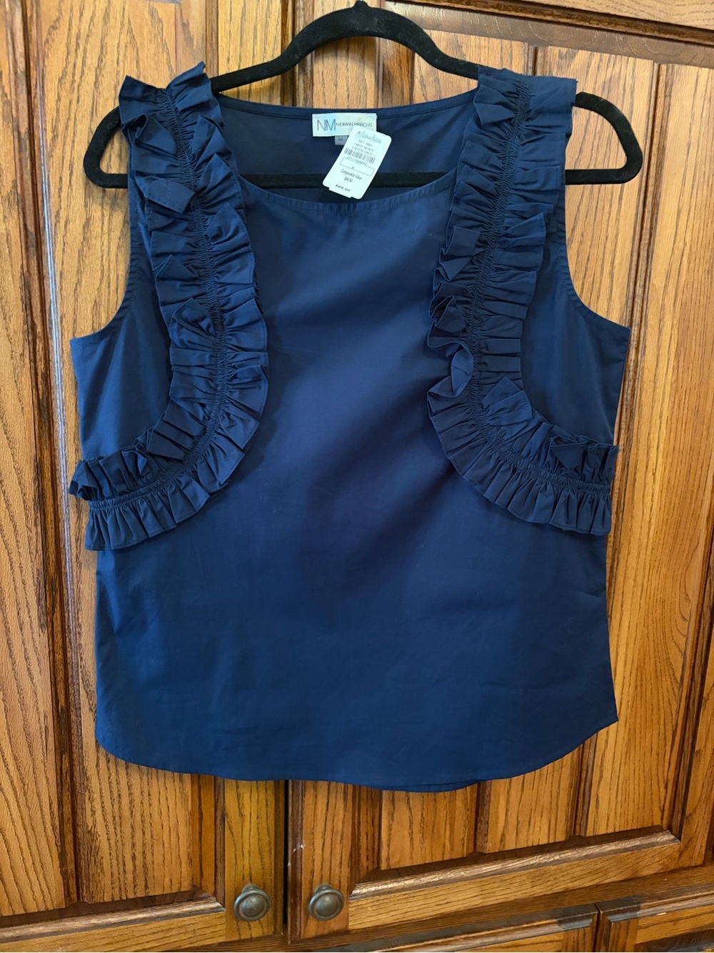 Neiman Marcus Ruffle Trim Cotton Blouse in Navy Medium NWT